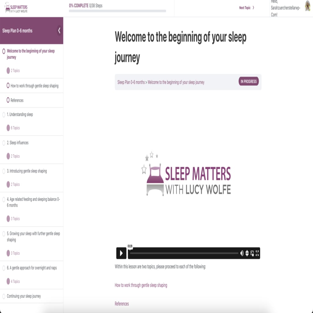 A screenshot of the 0-6 month Sleep Plan course of Sleep Matters with Lucy Wolfe